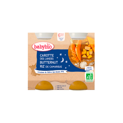 Picture of Petits pots du soir bébé dès 6 mois, Carotte Courge Butternut Riz Babybio - 2x200g