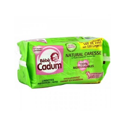 CADUM Lingettes Biodegradables Natural Caresse 2 x 60