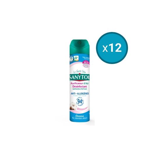 Image de 12x Purificateur d'air, désinfectant surfaces & textiles anti-allergènes - fleurs de coton Sanytol - Aérosol 300 ml