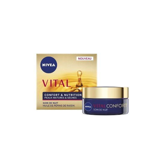 Image de Crème de nuit nourrissante visage anti-âge peaux matures & sèches Nivea VITAL Confort&Nutrition, 50mL