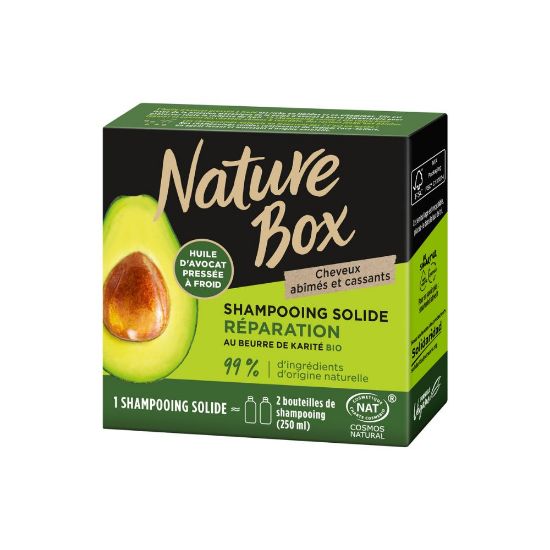 Image de Shampoing solide Réparation Cheveux abimés et cassants à l'huile d'avocat et au beurre de karité BIO Nature Box, 85g