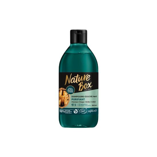 Image de Shampoing Douche Purifiant homme 4en1 Cheveux Cuir chevelu Barbe et Corps à l'huile de noix Nature Box, 250mL