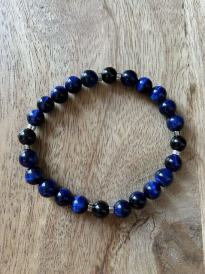 Bracelet Homme oeil de tigre bleu et tourmaline noire