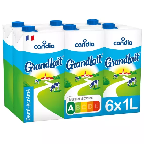 Pack 6 x 1L Candia lait 1/2 écrémé Brique