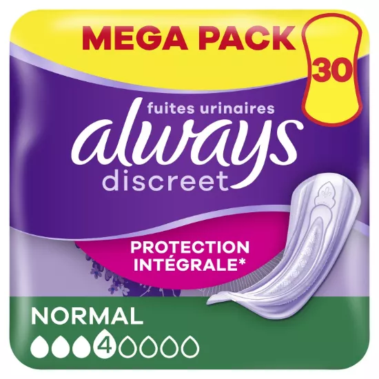 Serviettes Hygiéniques Fuites Urinaires Normal Protection Intégrale Discreet ALWAYS - MegaPack 30 serviettes