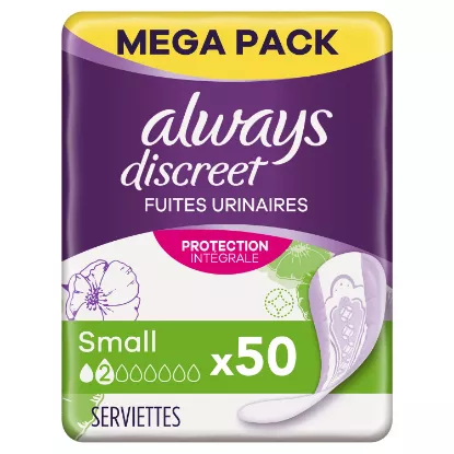 Serviettes Hygiéniques Fuites Urinaires Small Protection Intégrale Discreet ALWAYS (50 serviettes)