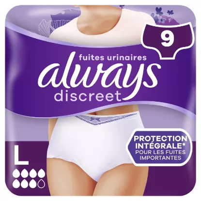 Culottes Fuites Urinaires Proctection Integrale Taille L Blanc Discreet ALWAYS (9 serviettes)