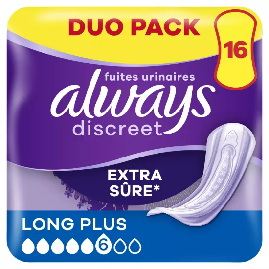 Serviettes Hygiéniques Fuites Urinaires Long Plus Extra Sûre Discreet ALWAYS (16 serviettes)