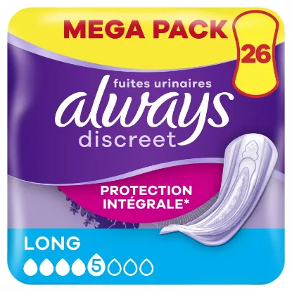 Serviettes Hygiéniques Fuites Urinaires Protection Intégrale Long Discreet ALWAYS (26 serviettes)