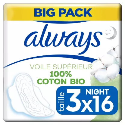 Serviettes Hygiéniques avec Ailettes Voile Supérieur 100% Coton Bio Nuit Taille 3 ALWAYS (16 serviettes)