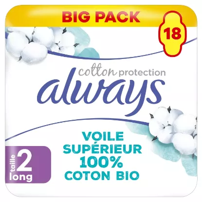 Serviettes Hygiéniques avec Ailettes Voile Supérieur 100% Coton Bio Nuit Taille 2 ALWAYS (18 serviettes)