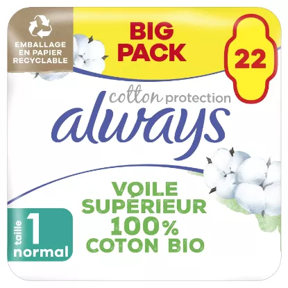 Serviettes Hygiéniques avec Ailettes Voile Supérieur 100% Coton Bio Normal Taille 1 ALWAYS