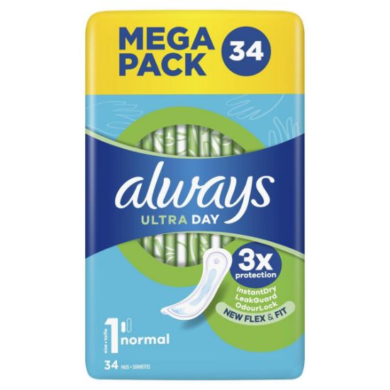 Serviettes Hygiéniques sans Ailettes Normal Taille 1 Ultra ALWAYS (34 serviettes)