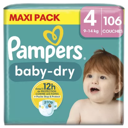 Couches Bébé Pampers Baby-Dry Taille 4, 9-14 kg, Mega Pack 106 couches