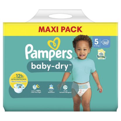 Couches Bébé Pampers Baby-Dry Taille 5 (11-16 kg) – MAXI PACK 90 couches – Protection 12h Non-Stop