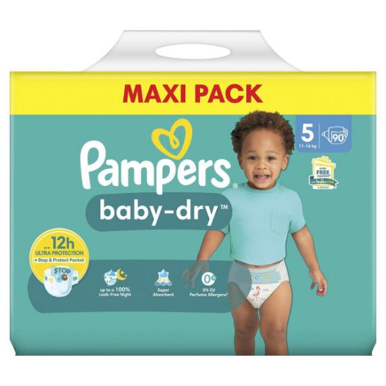 Couches Bébé Pampers Baby-Dry Taille 5 (11-16 kg) – MAXI PACK 90 couches – Protection 12h Non-Stop