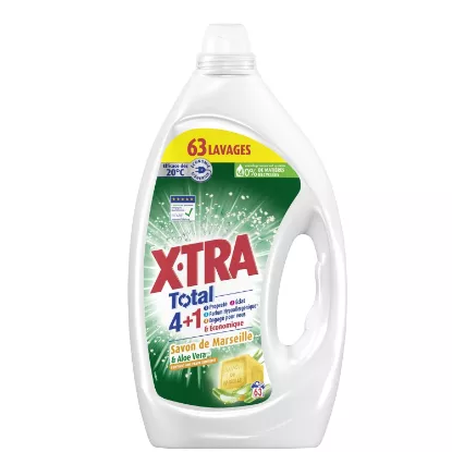 Lessive liquide X-TRA TOTAL 4en1 Savon de Marseille & Aloe Vera – Flacon 1,98 L (~44 lavages) Lessive liquide X-TRA TOTAL 4en1 Savon de Marseille & Aloe Vera – Flacon 1,98 L (~44 lavages)