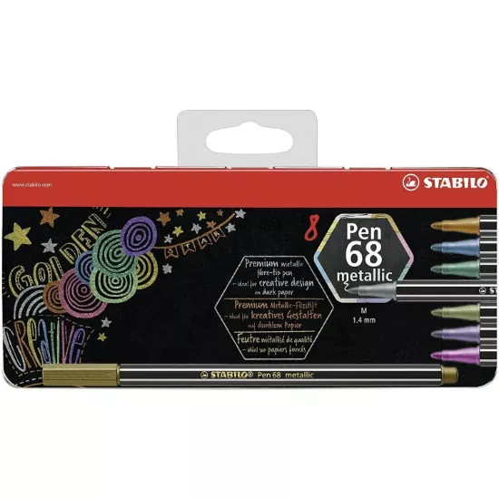 STABILO Pen 68 Metallic – Boîte métal de 8 feutres métallisés – Pointe moyenne