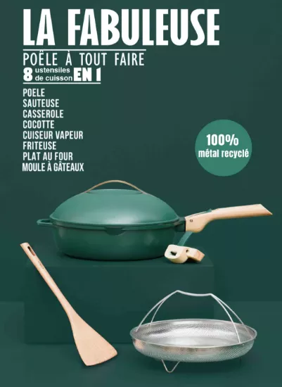Cookut La Fabuleuse – Poêle à tout faire 24 cm – Coloris Canopée (vert) – Tous feux dont induction