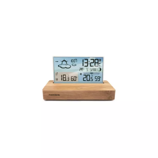 Réveil station météo bois clair – température, hygrométrie, double alarme, USB-C, sonde sans fil