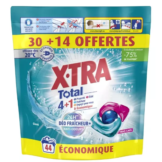 Lessive Capsules X-TRA Total Déo-Fraîcheur + Anti-Odeurs | Efficacité à Froid (44 doses)